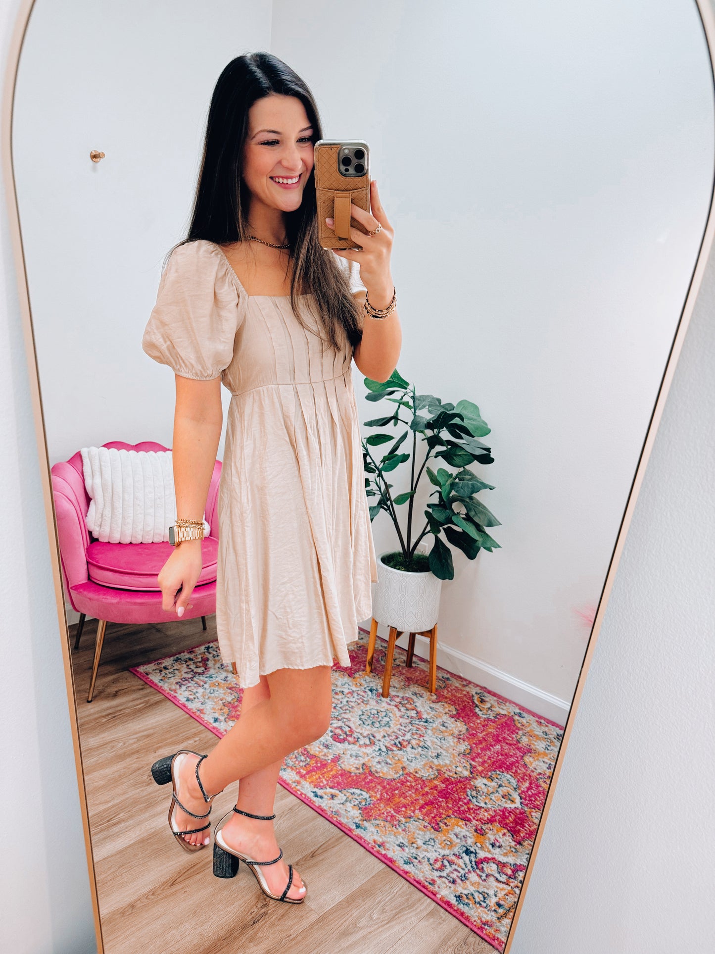 Taupe Puff Sleeve Pleated Mini Dress