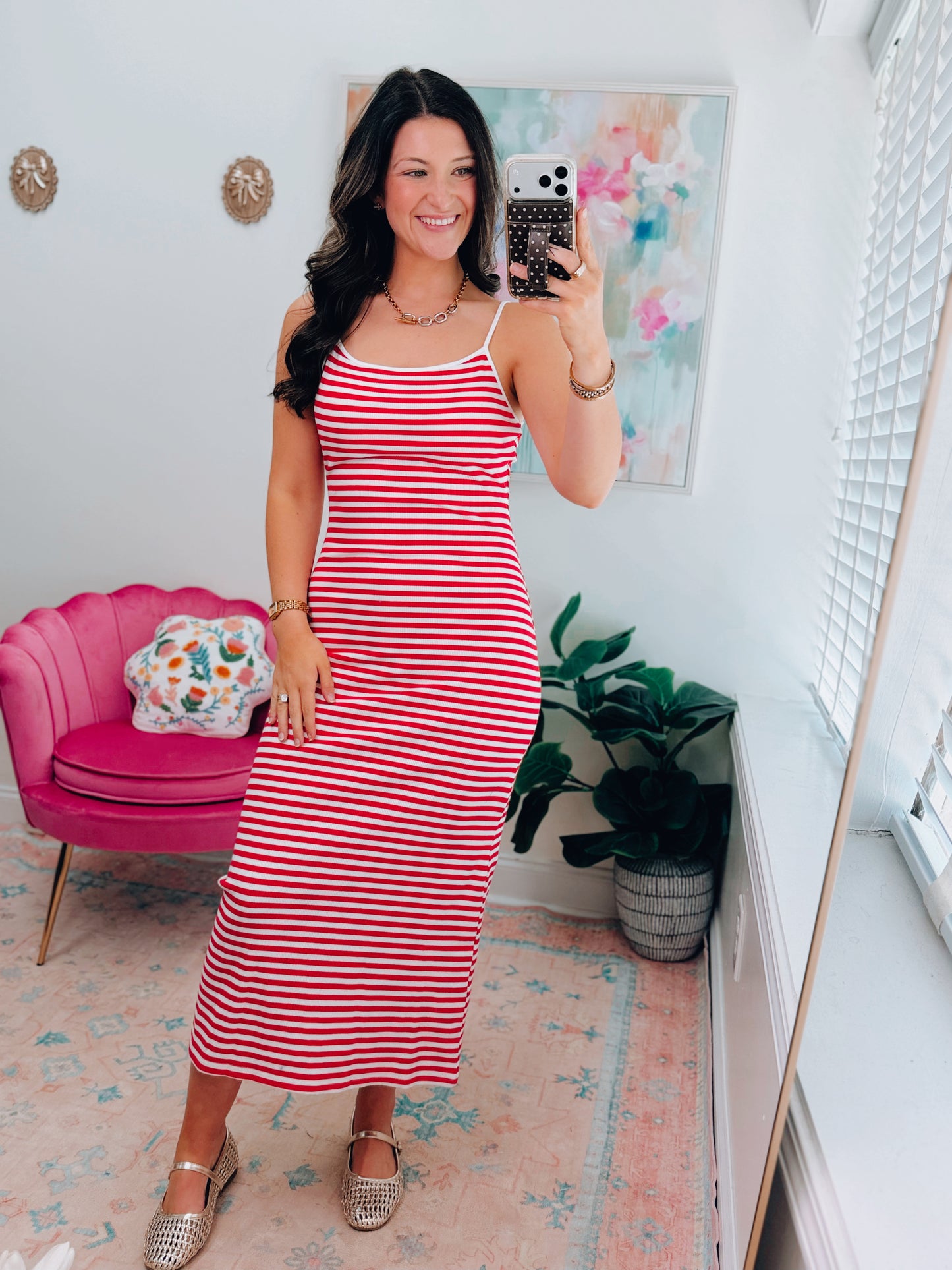 Red Stripe Ribbed Bodycon Midi Dress