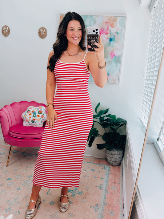 Red Stripe Ribbed Bodycon Midi Dress