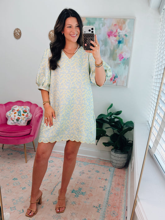 Masie Lime Floral Scallop Mini Dress