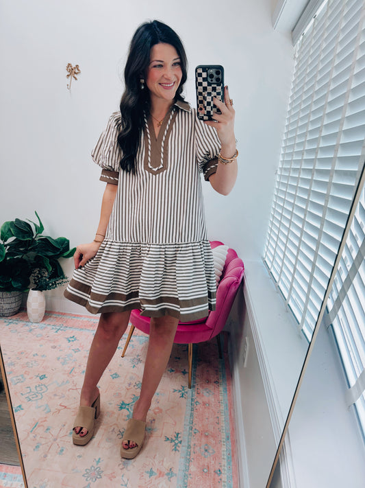 Mocha Mousse Striped Mini Dress