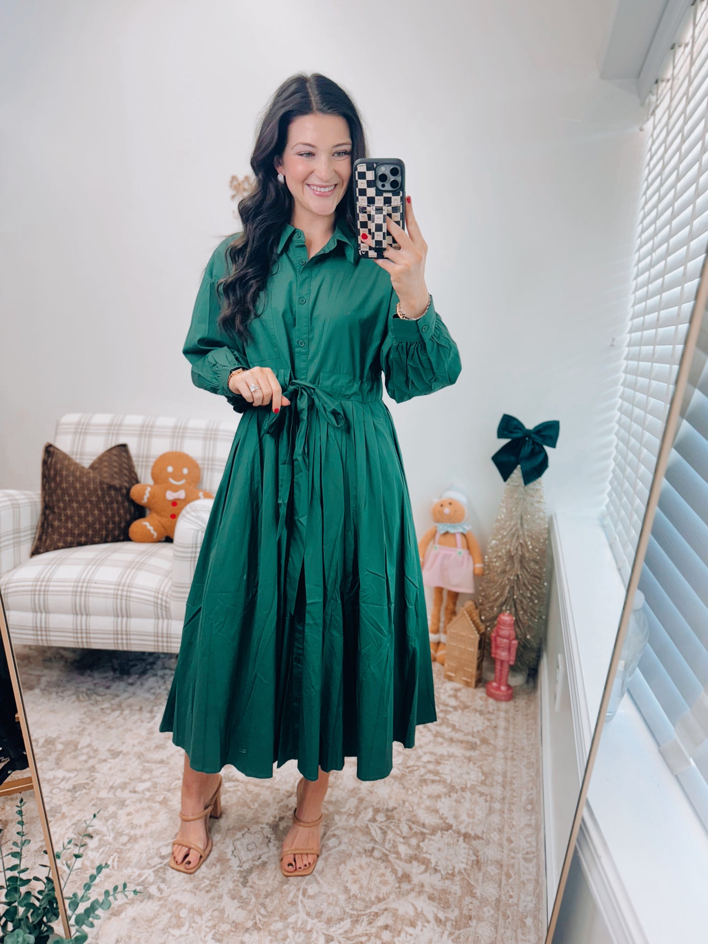 Evergreen Pleated Midi Tie Dress