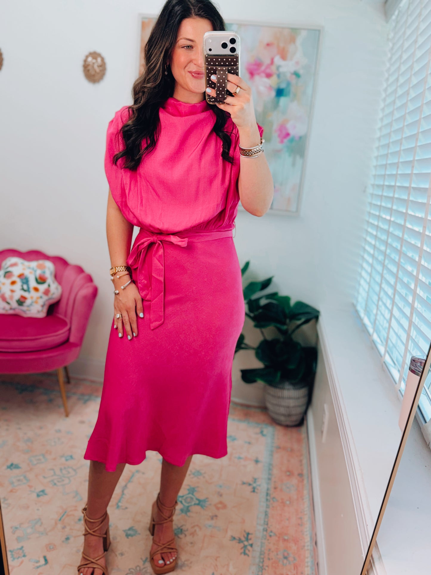 Magenta Satin Cowl Neck Midi Dress