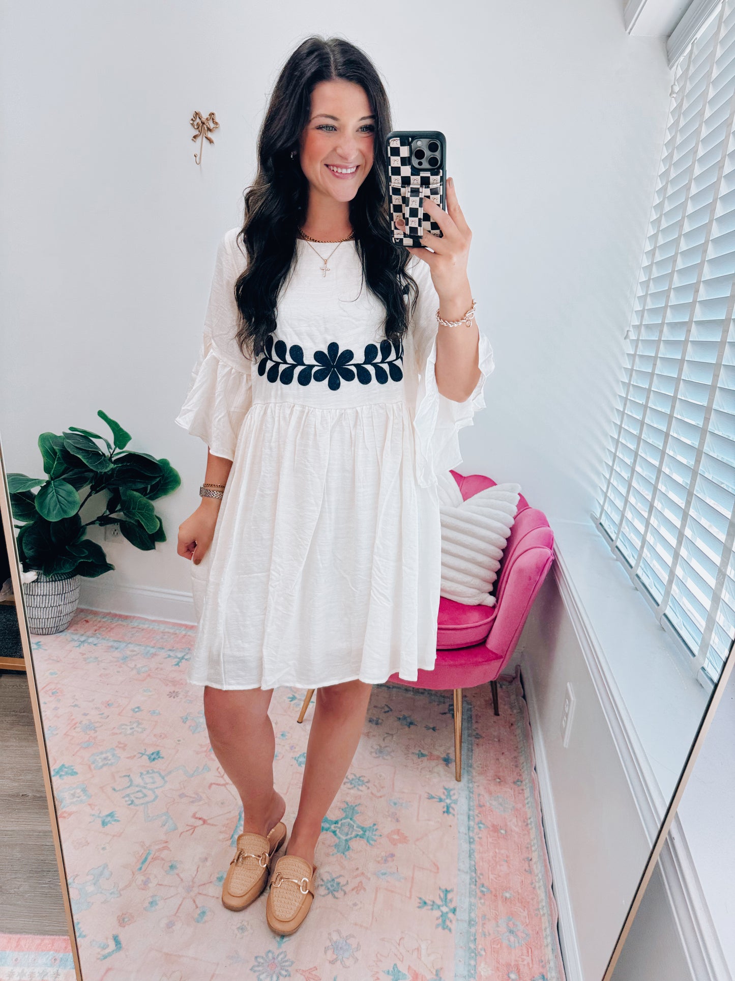 Navy Embroidered Flutter Mini Dress