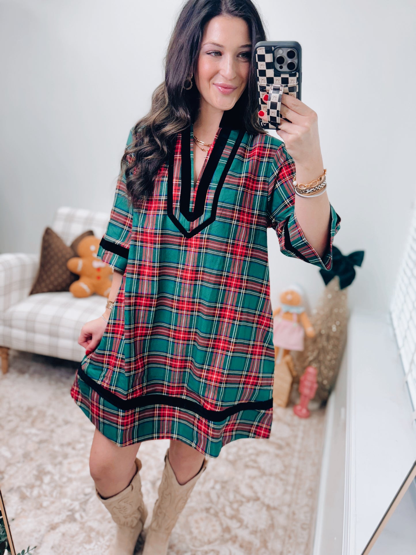Velvet Green Plaid Mini Dress