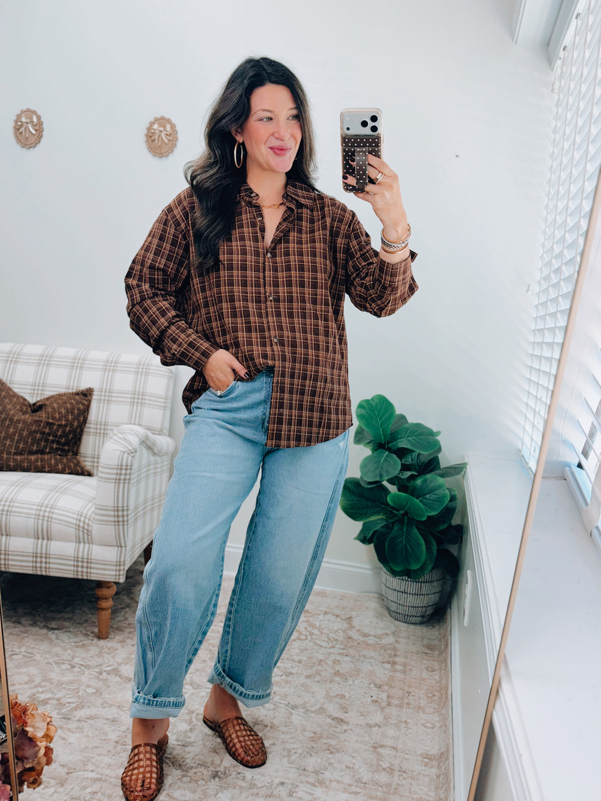 Oversized Plaid Flannel Top - Brown