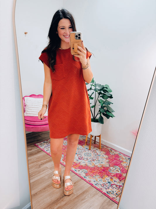 Sammi Textured Pocket Tee Dress - Rust