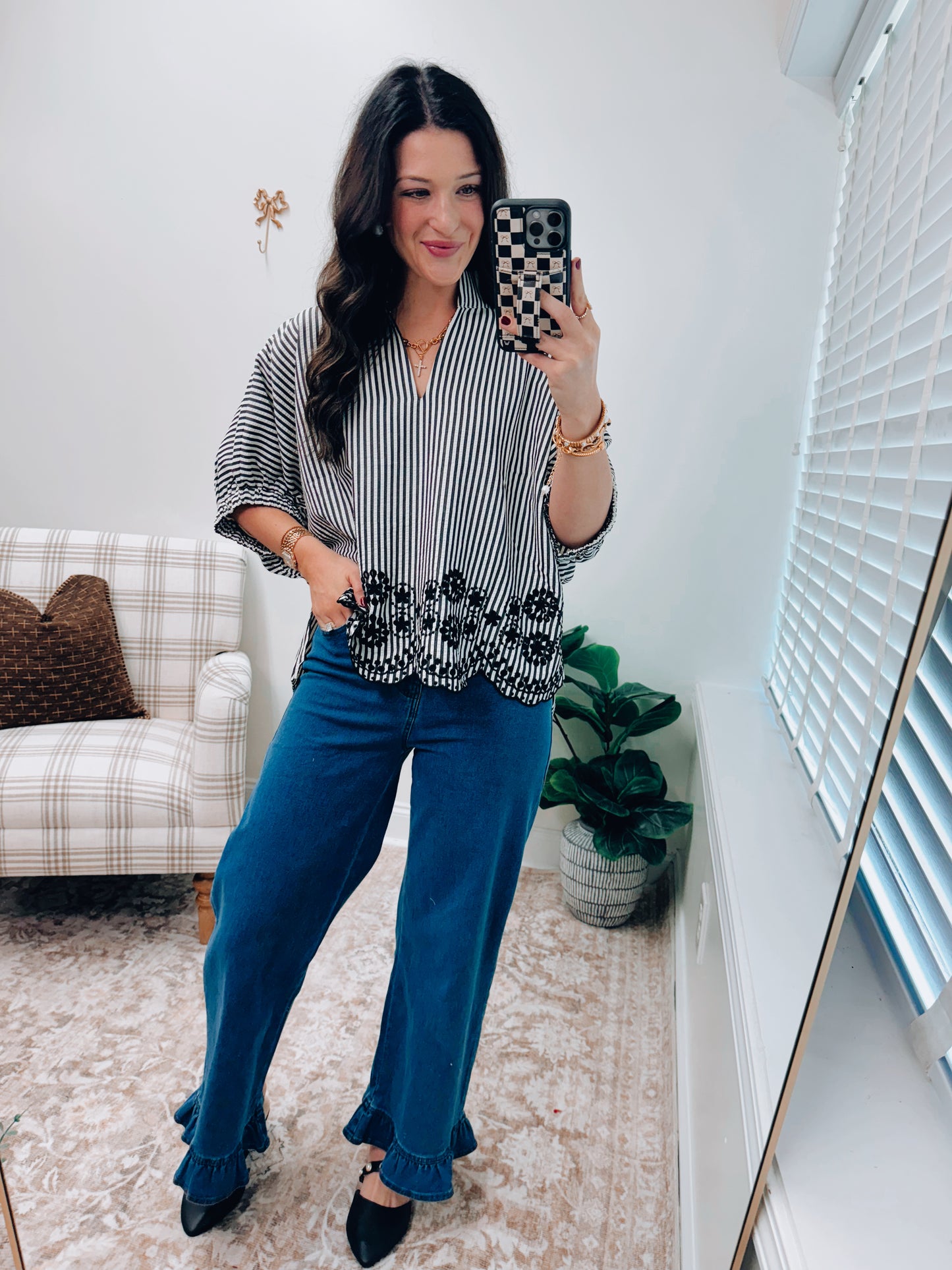 CURVY Lennon Striped Eyelet Dolman Top - Black
