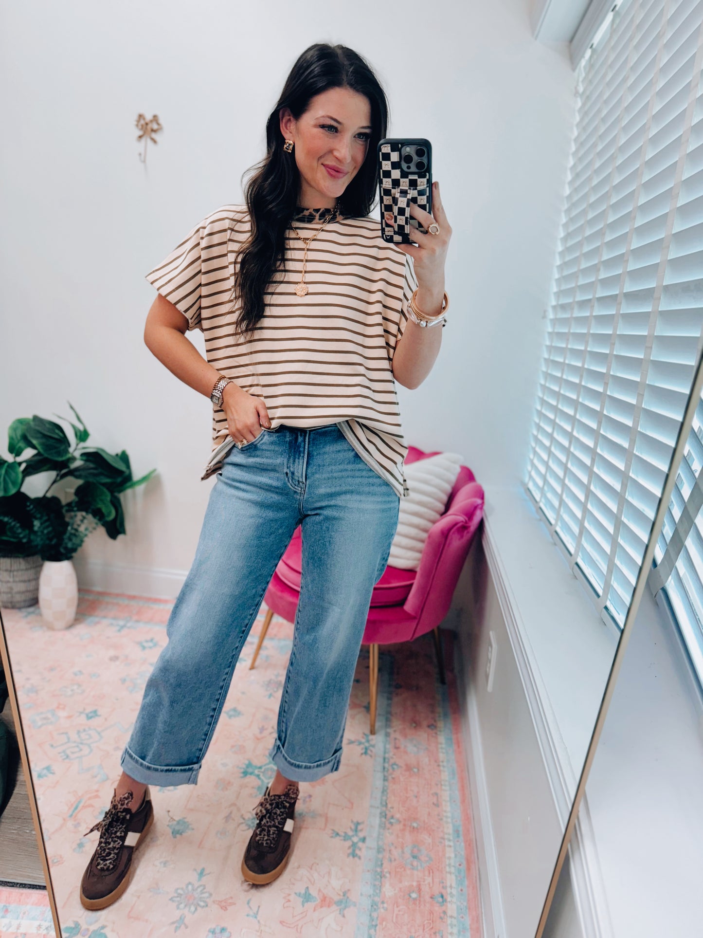 Leopard Trim Striped French Terry Top