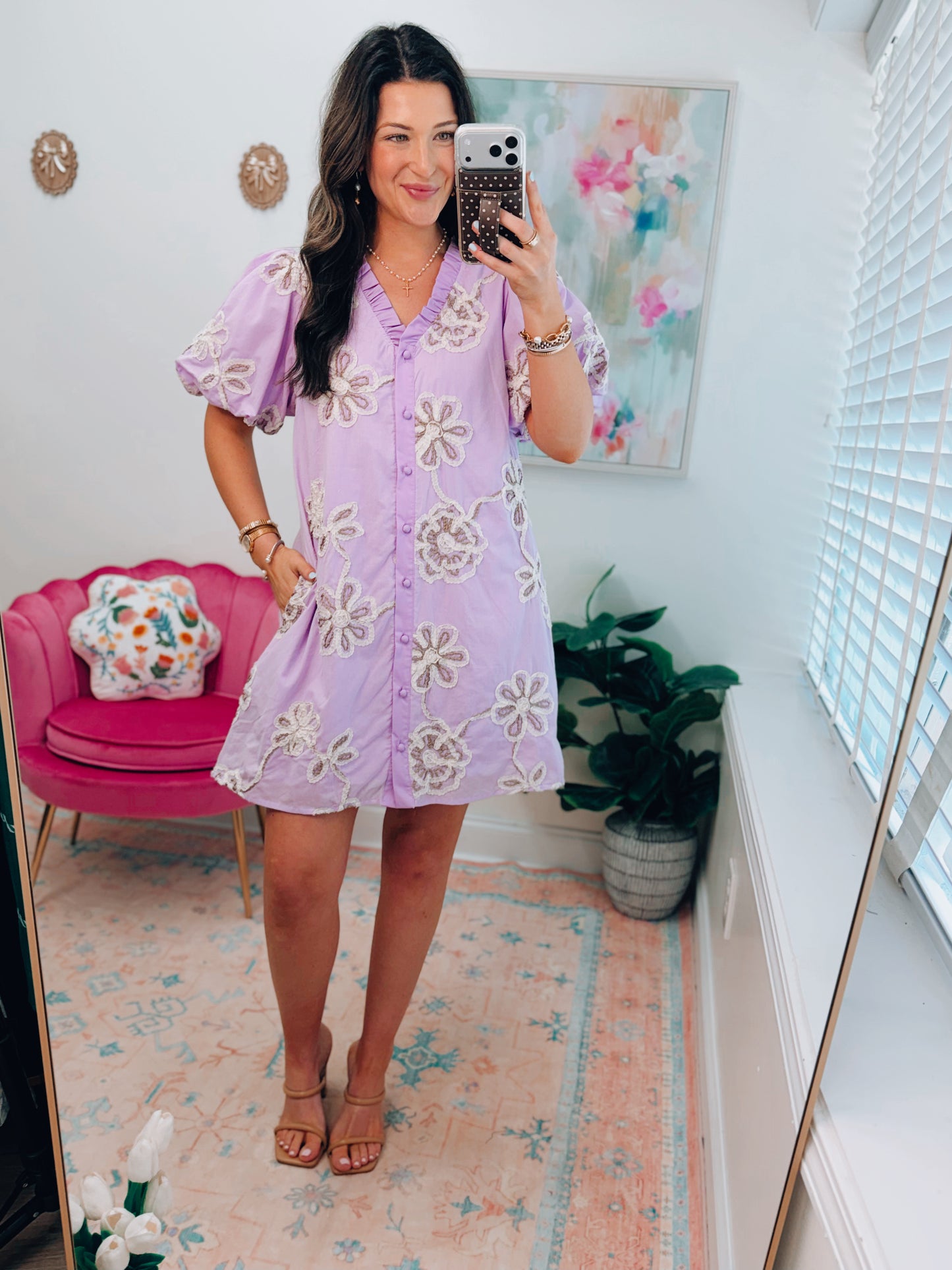Lavender Raised Floral Button Mini Dress