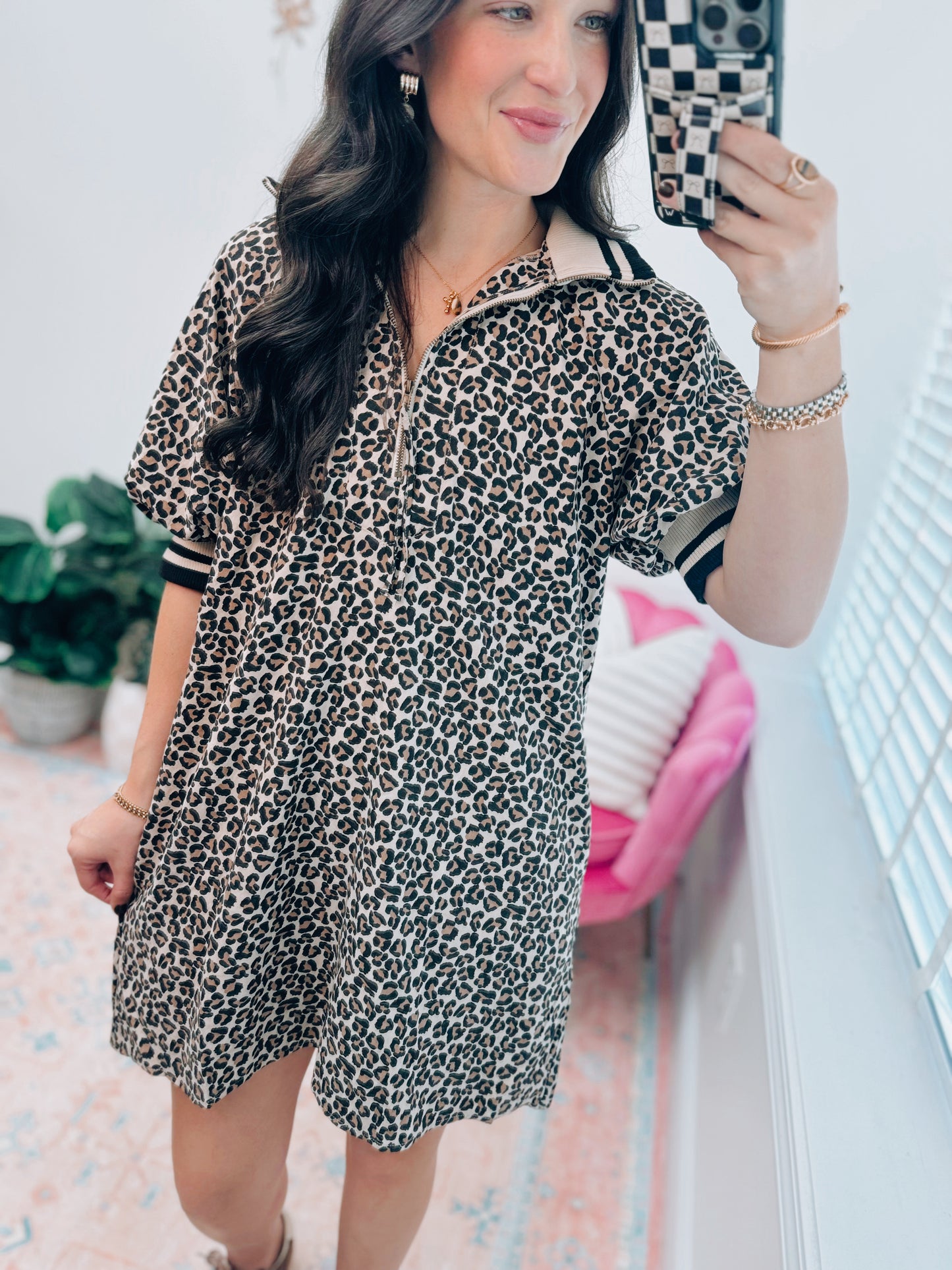 Ivy Thick Collar Leopard Block Mini Dress