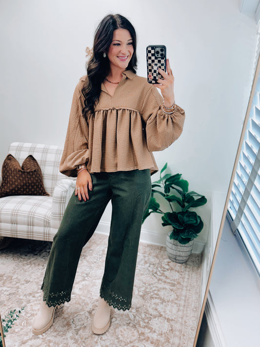 Camel Textured Collared Split Neck Top