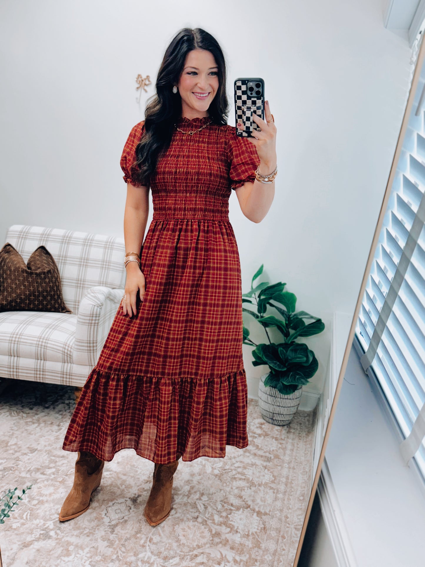 Chandler Plaid Smocked Midi Dress