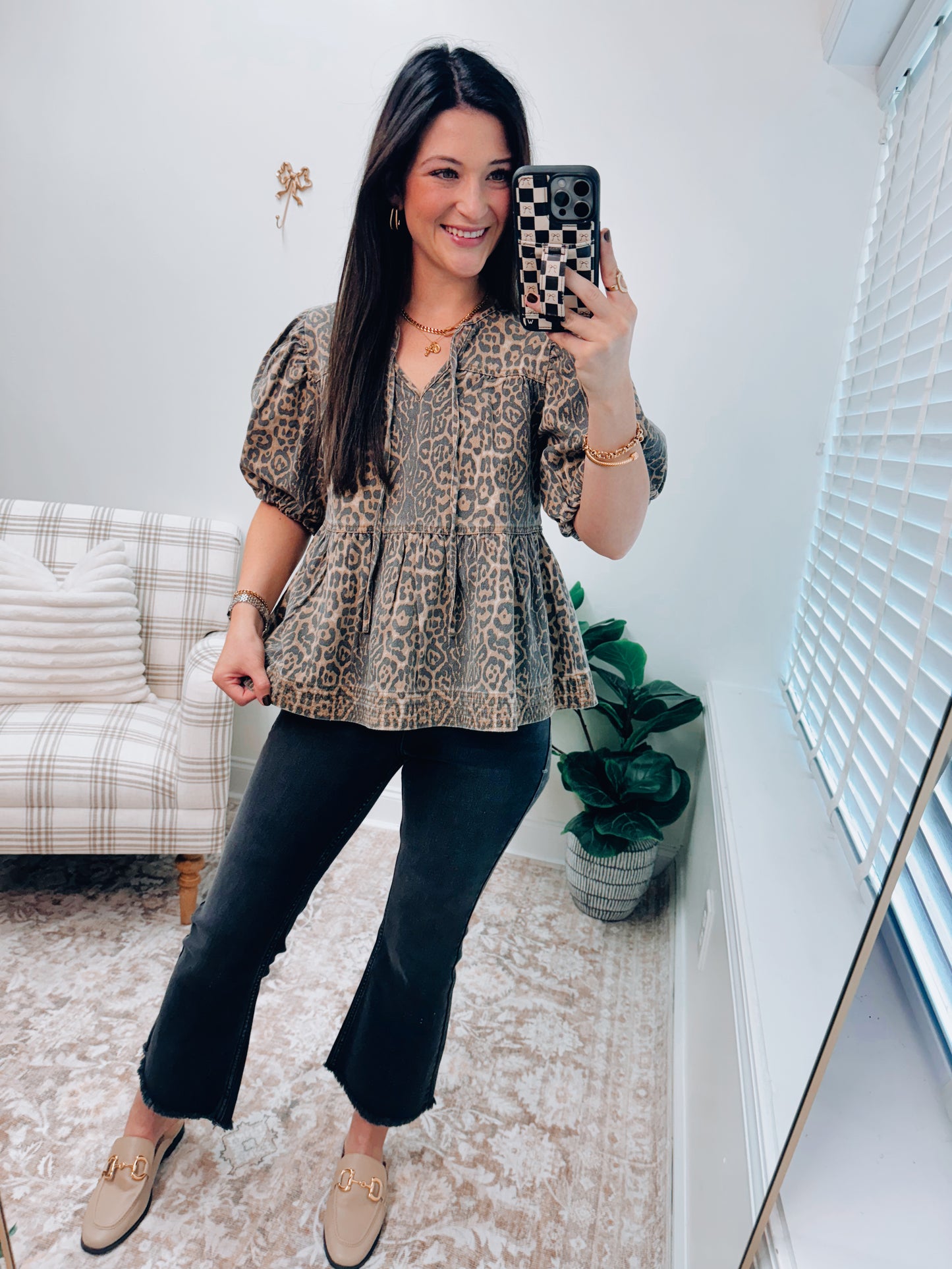 Leopard Denim Babydoll Top