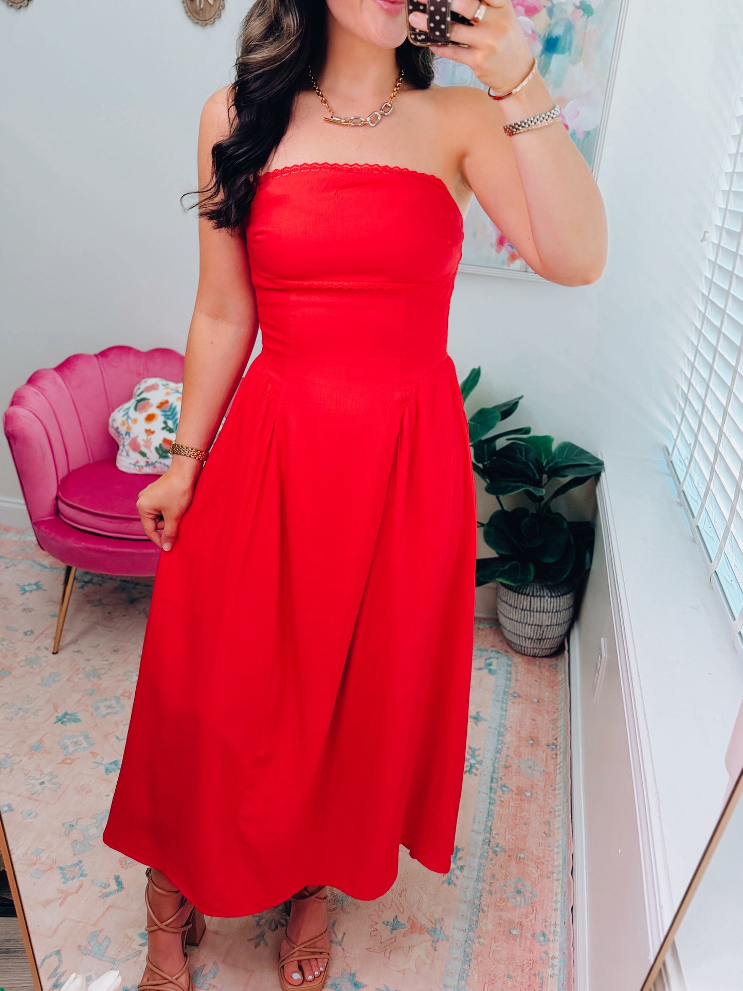 Ruby Lace Trim Strapless Midi Dress