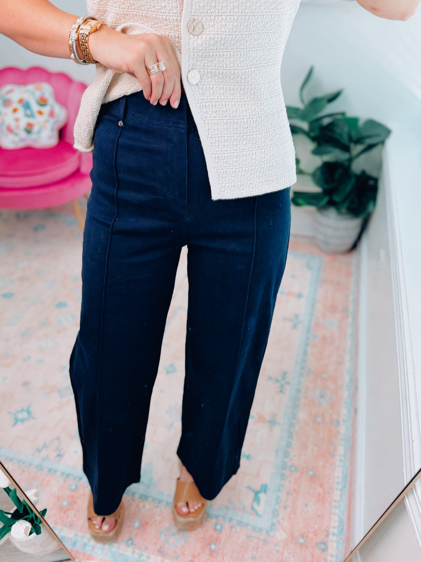 Navy Pleated No Button Denim