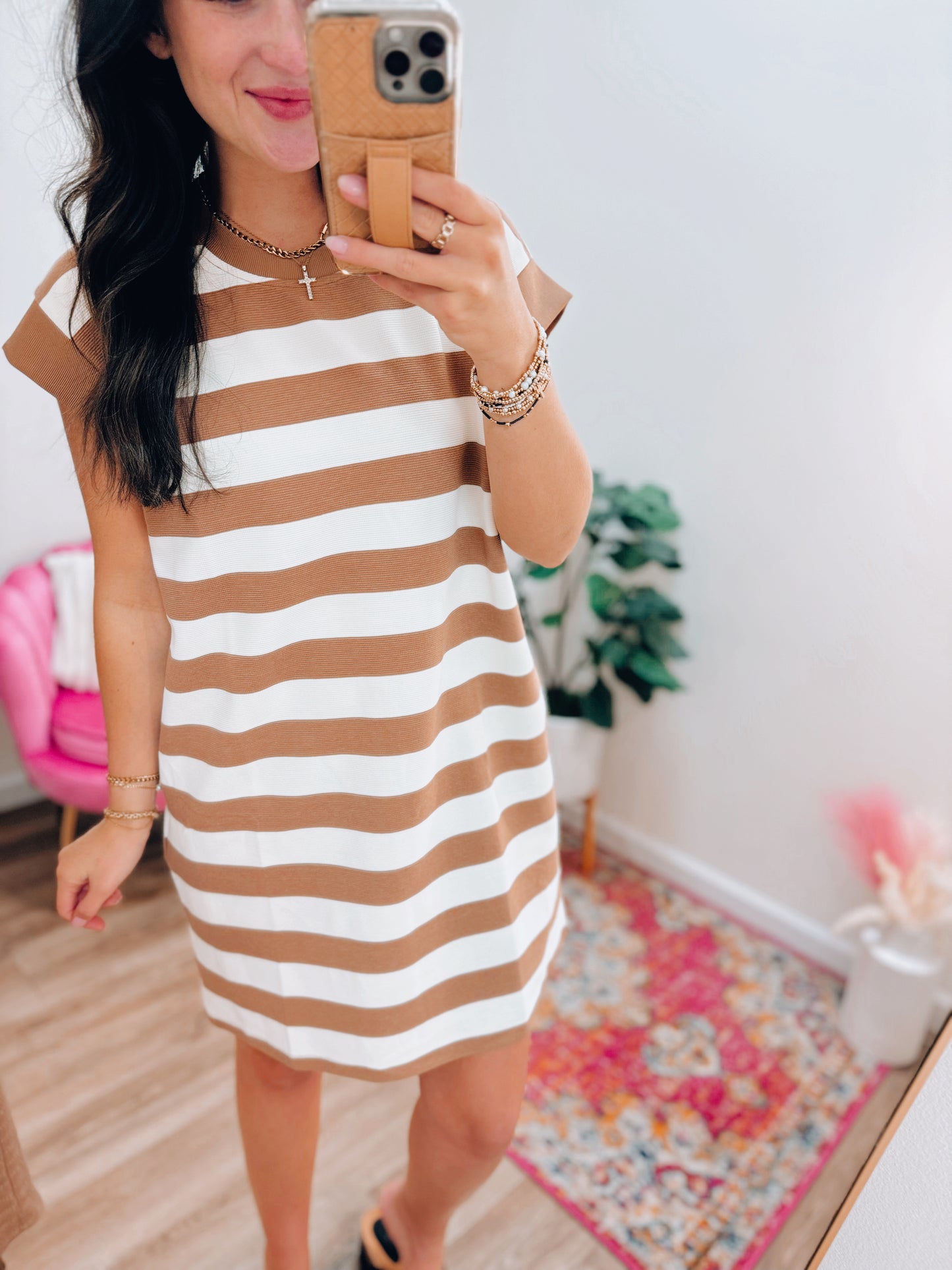 Breezy Camel Striped Ribbed Dress