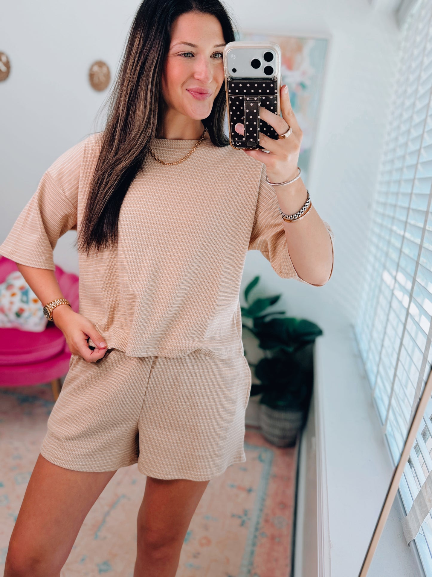 Tan Stripe Knit Shorts Set