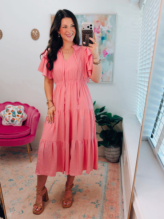 Pink Silk Ruffle Midi Dress