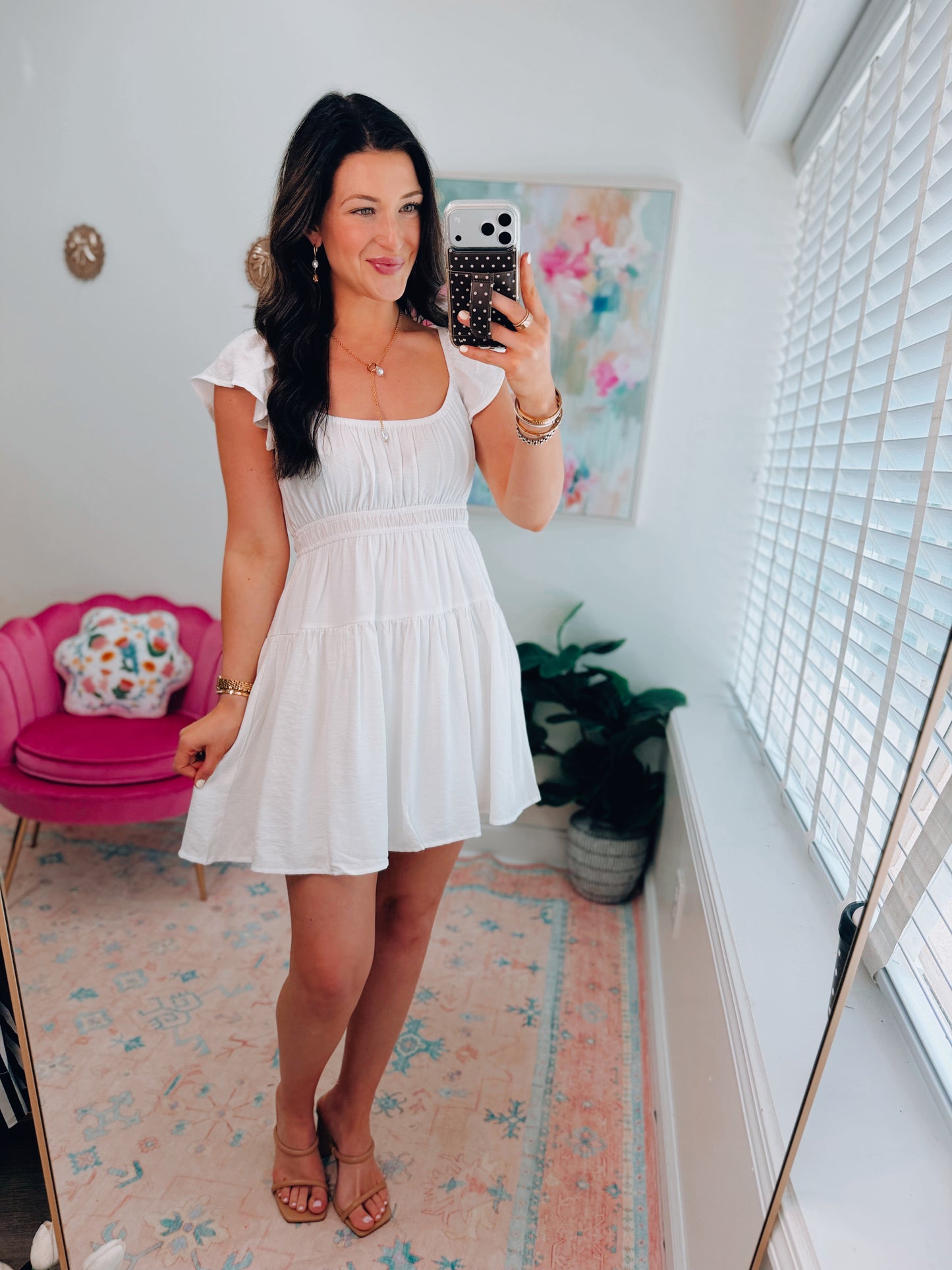 Shirred Flounce White Mini Dress