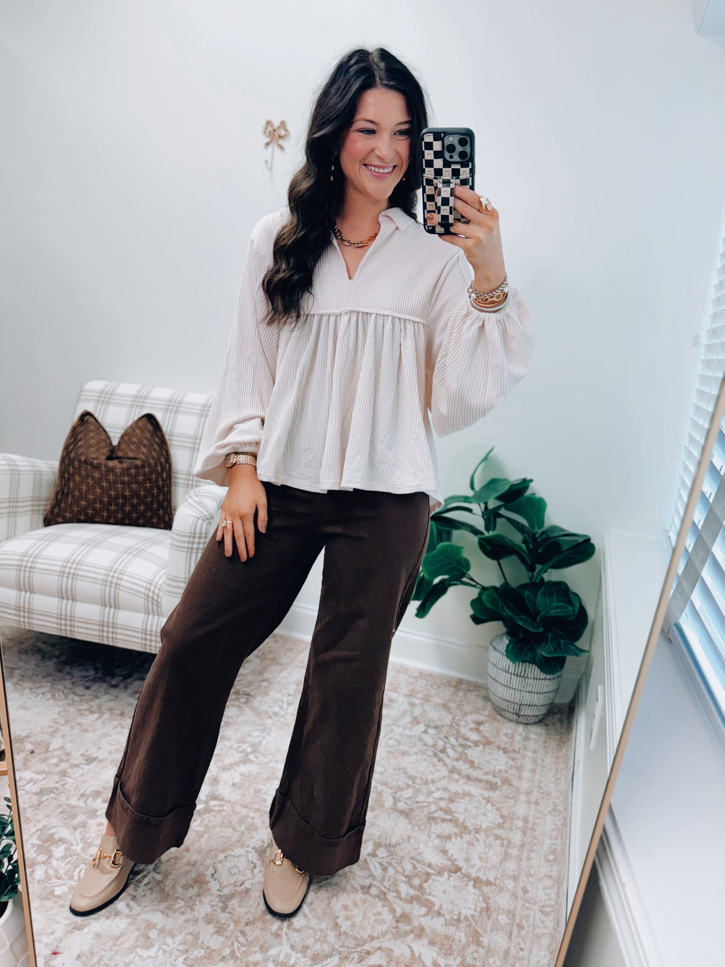 Cream Ribbed Collared Split Neck Top