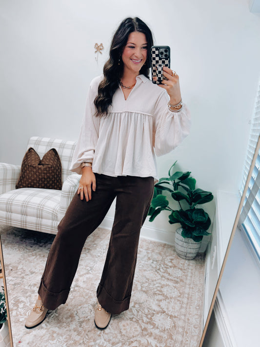 Cream Ribbed Collared Split Neck Top