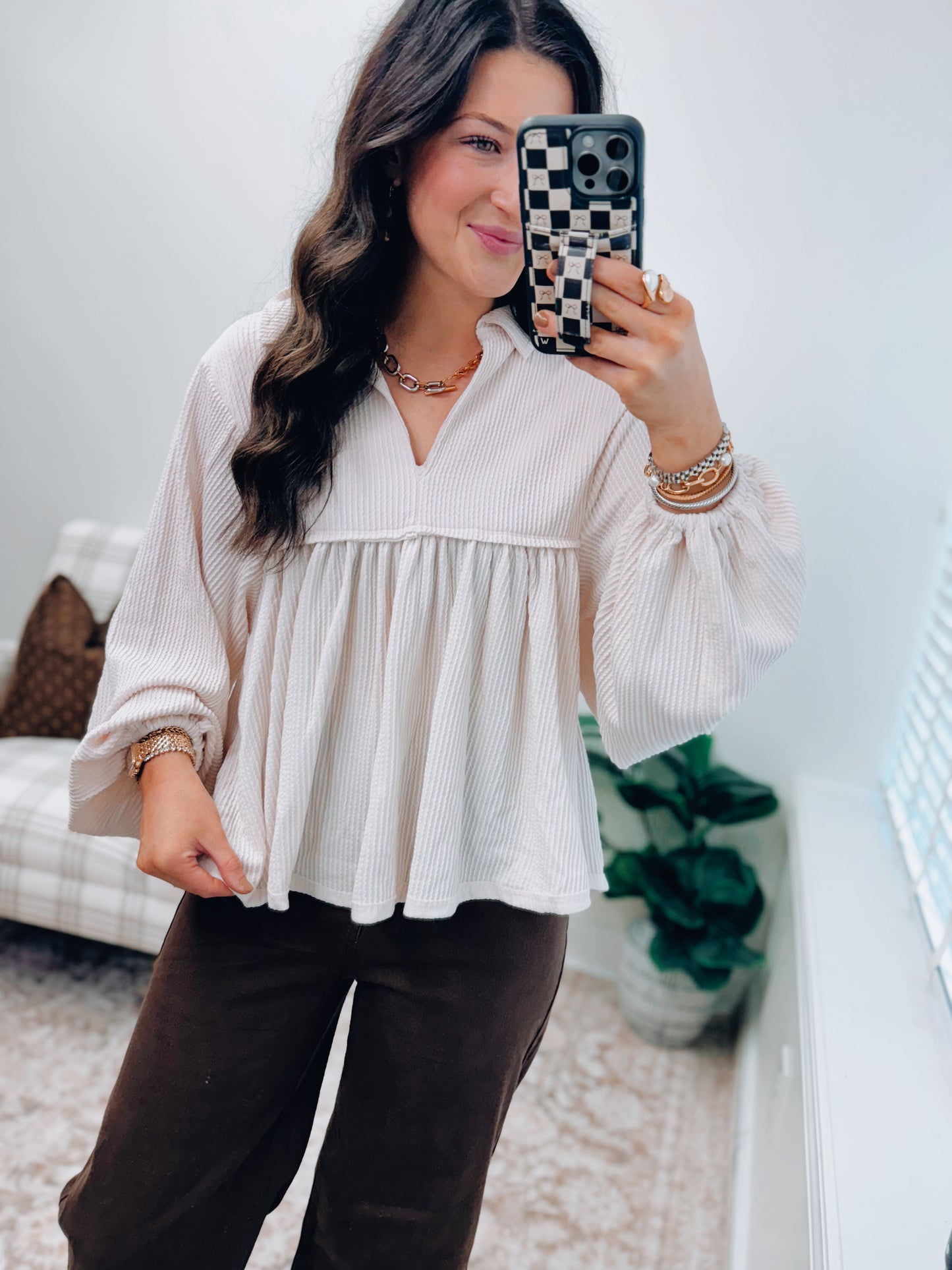 Cream Ribbed Collared Split Neck Top