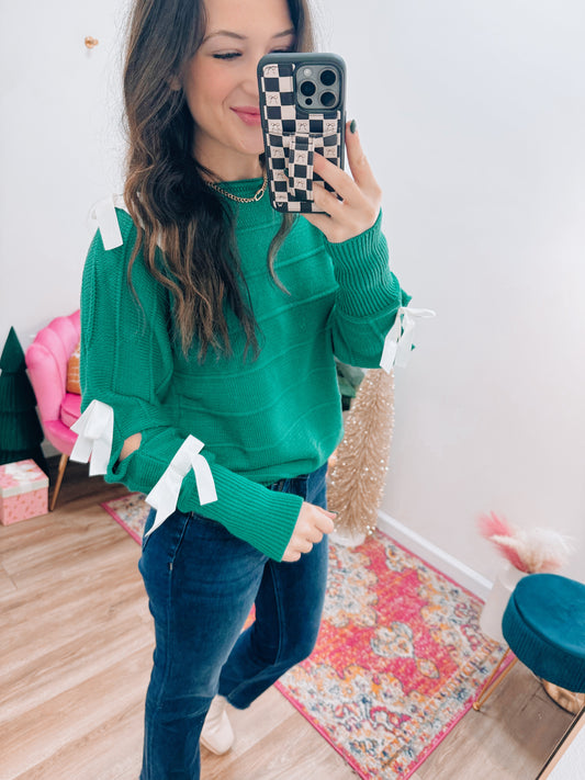 Green Knit Bow Sweater Top