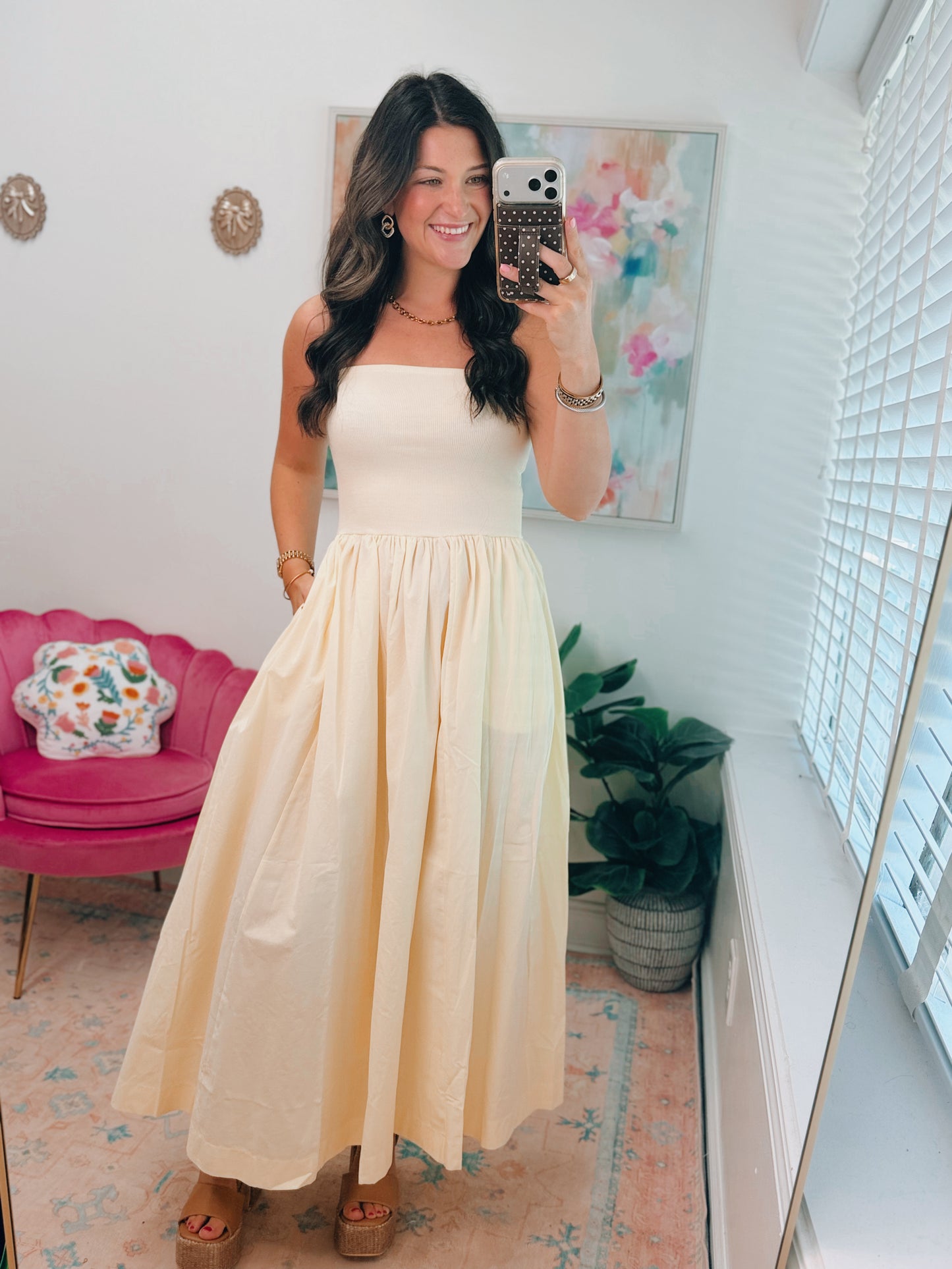 Pale Yellow Strapless Flowy Maxi Dress