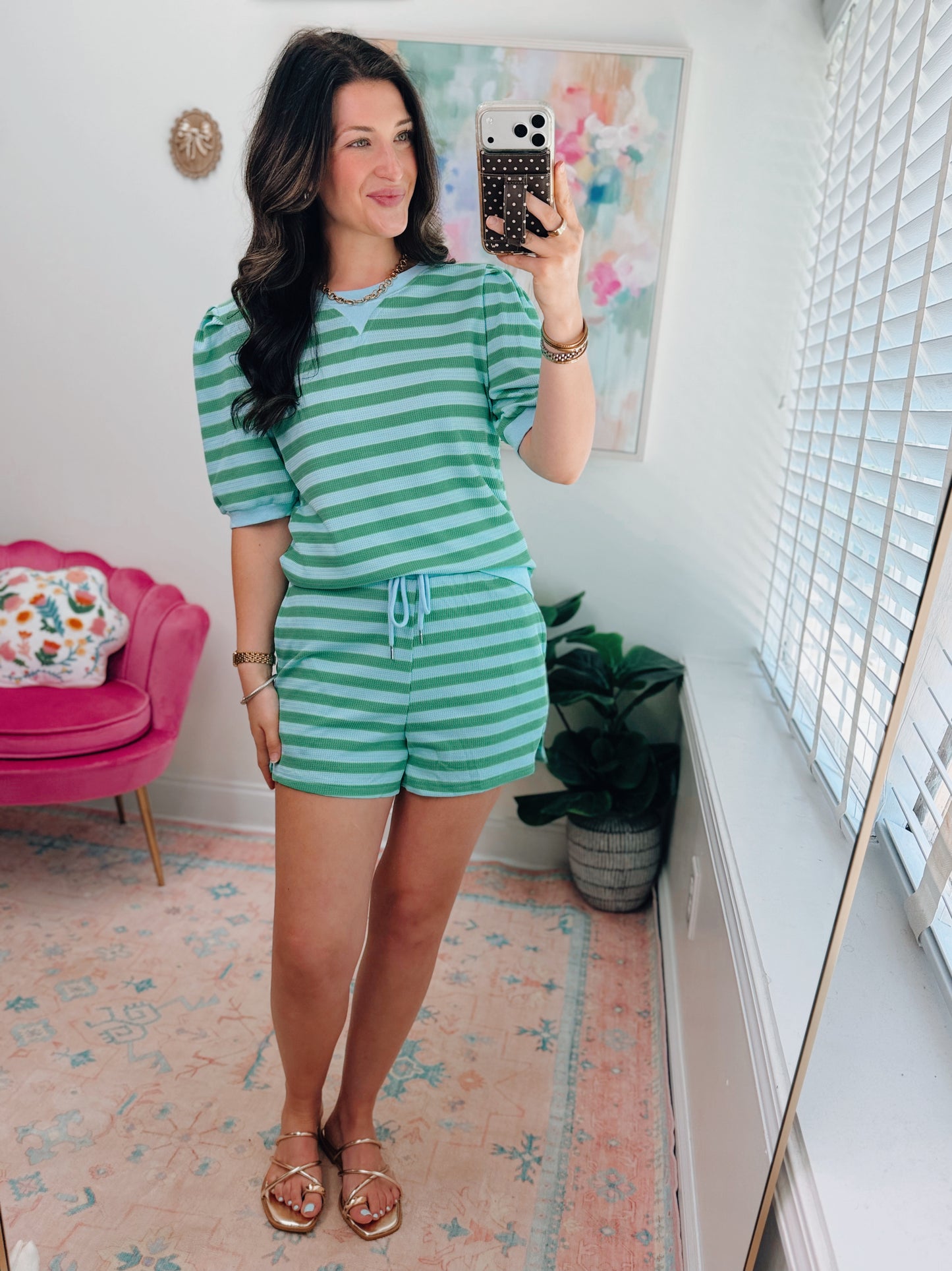 Summer Striped Knit Shorts Set - Green