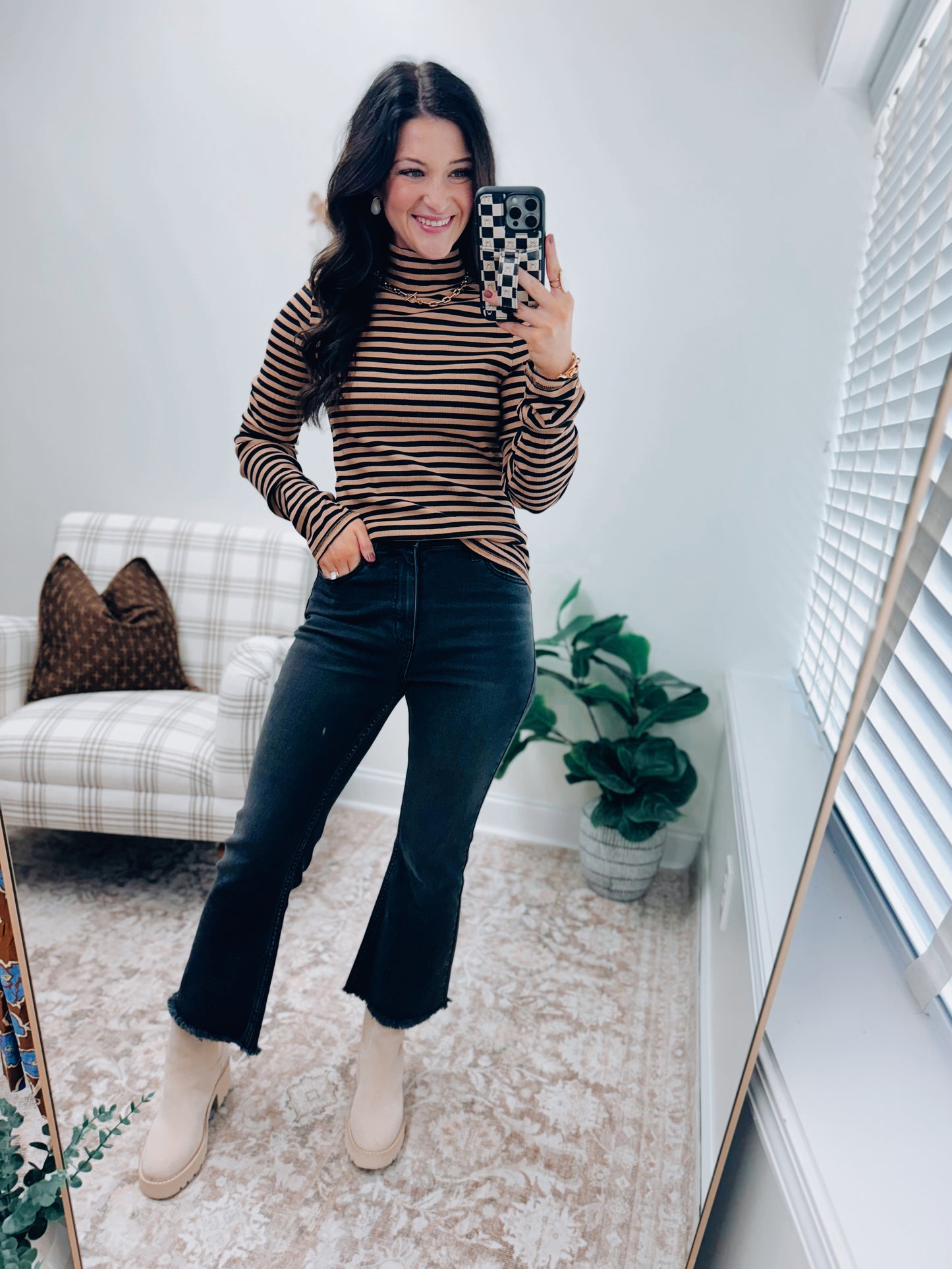 Striped Mock Neck Ribbed Top