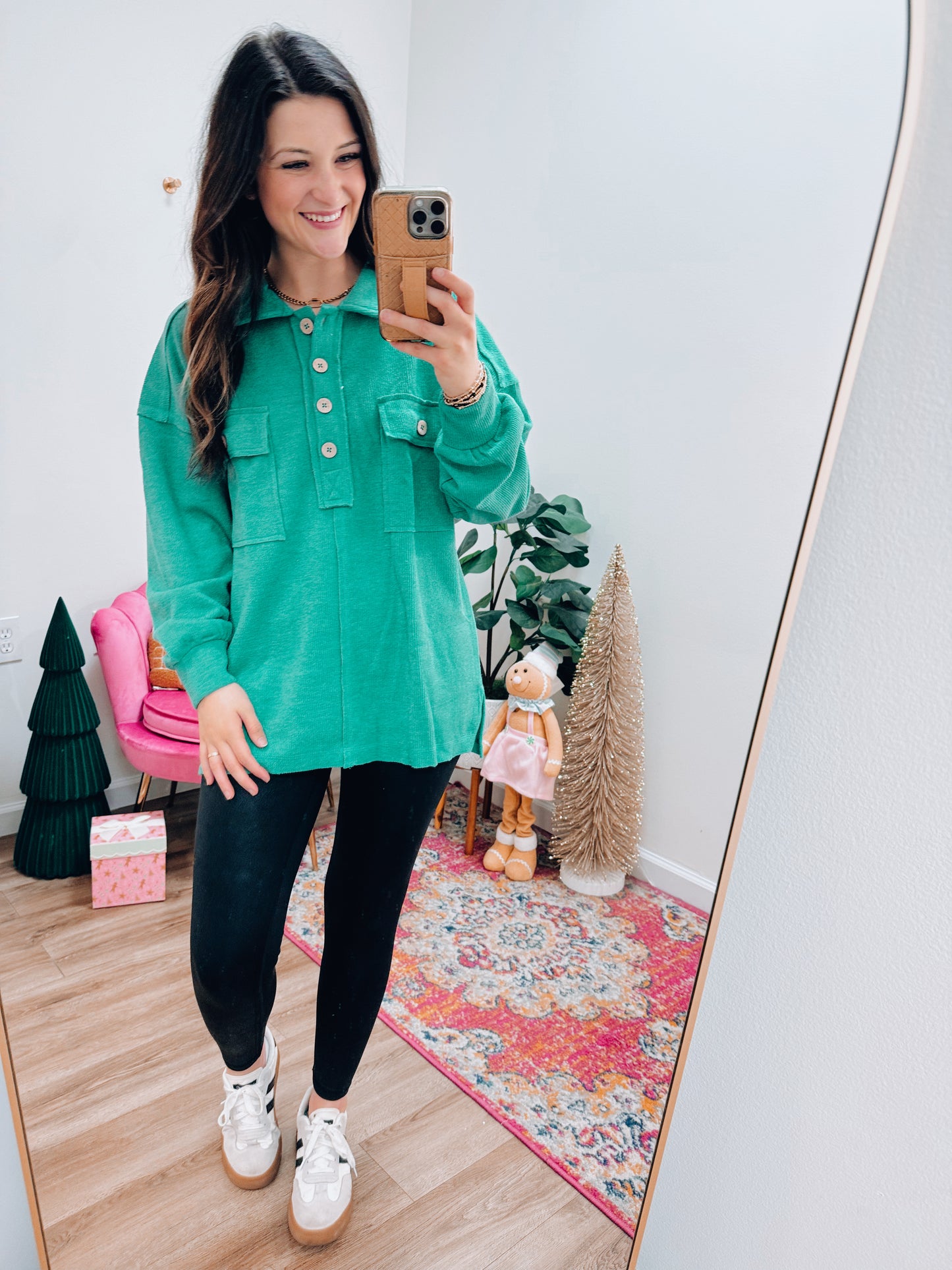 Henley Knit Button Top - Green