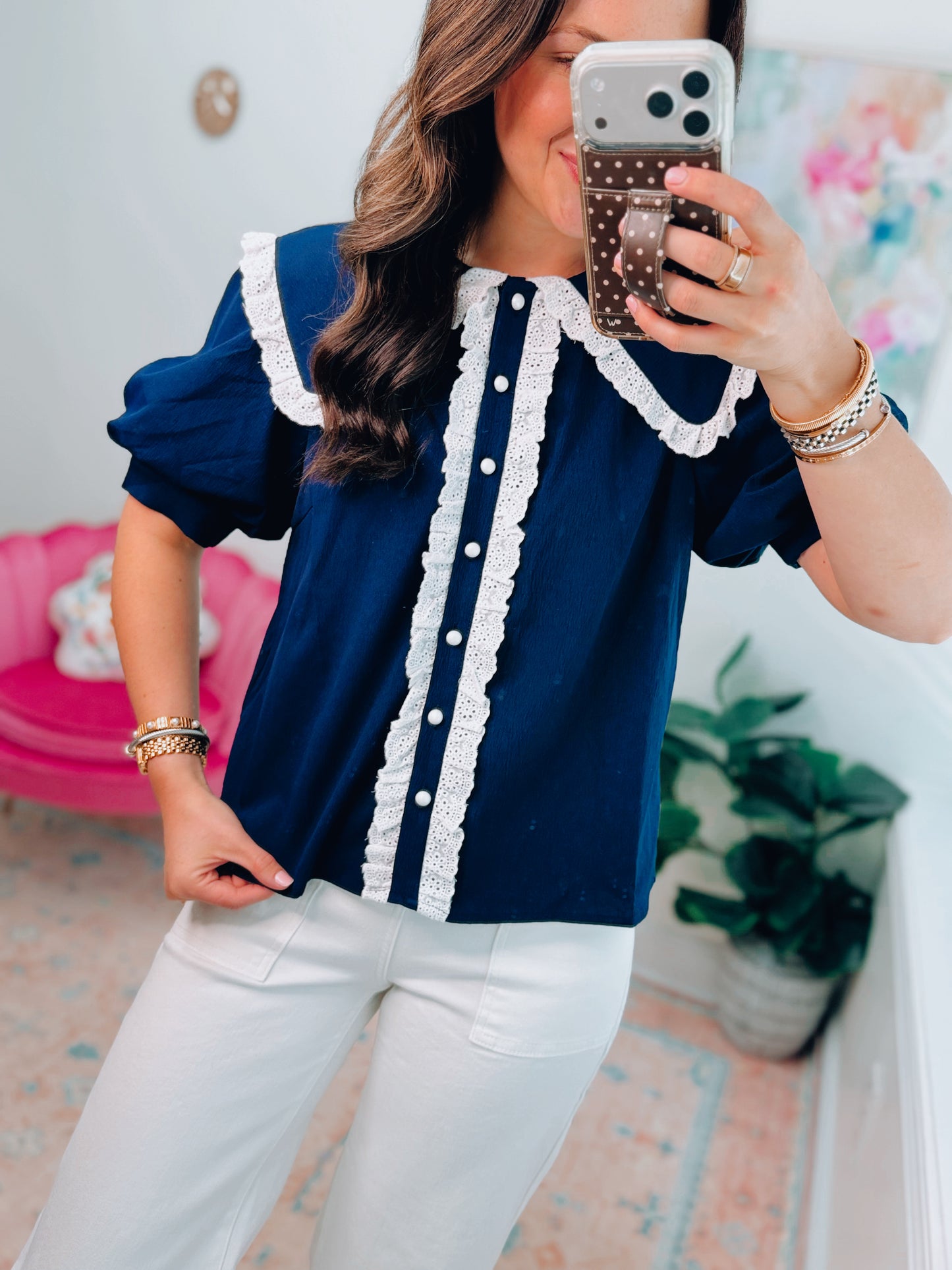 Navy Eyelet Button Top
