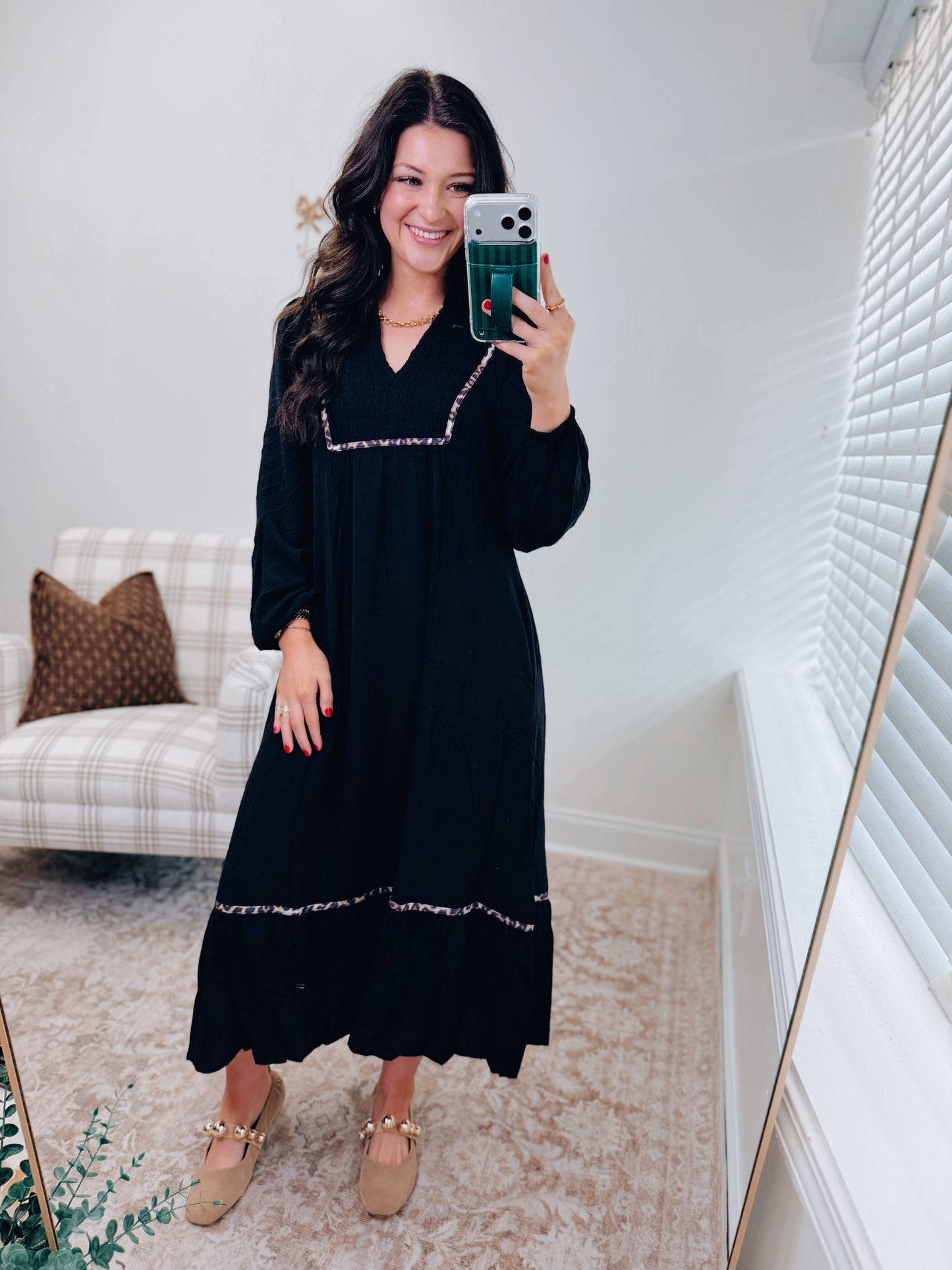 Black Smocked Leopard Trim Midi Dress