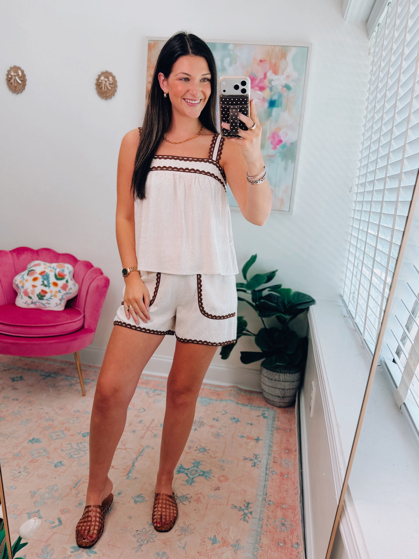 Contrast Stitched Scalloped Linen Set