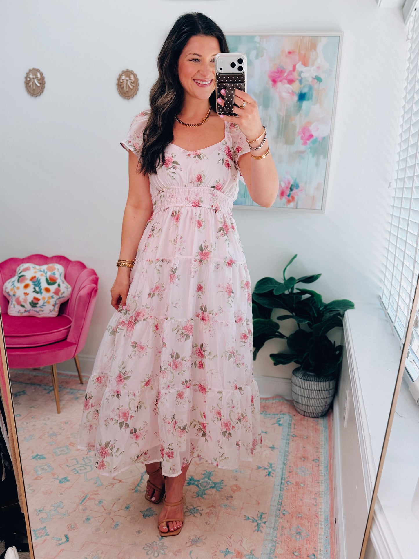 Floral Chiffon Shirred Midi Dress