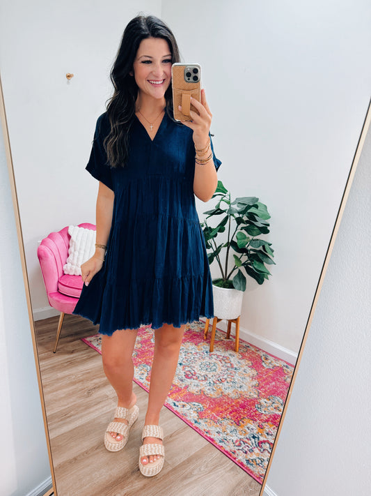 CURVY Lily Tiered Linen Mini Dress - Navy