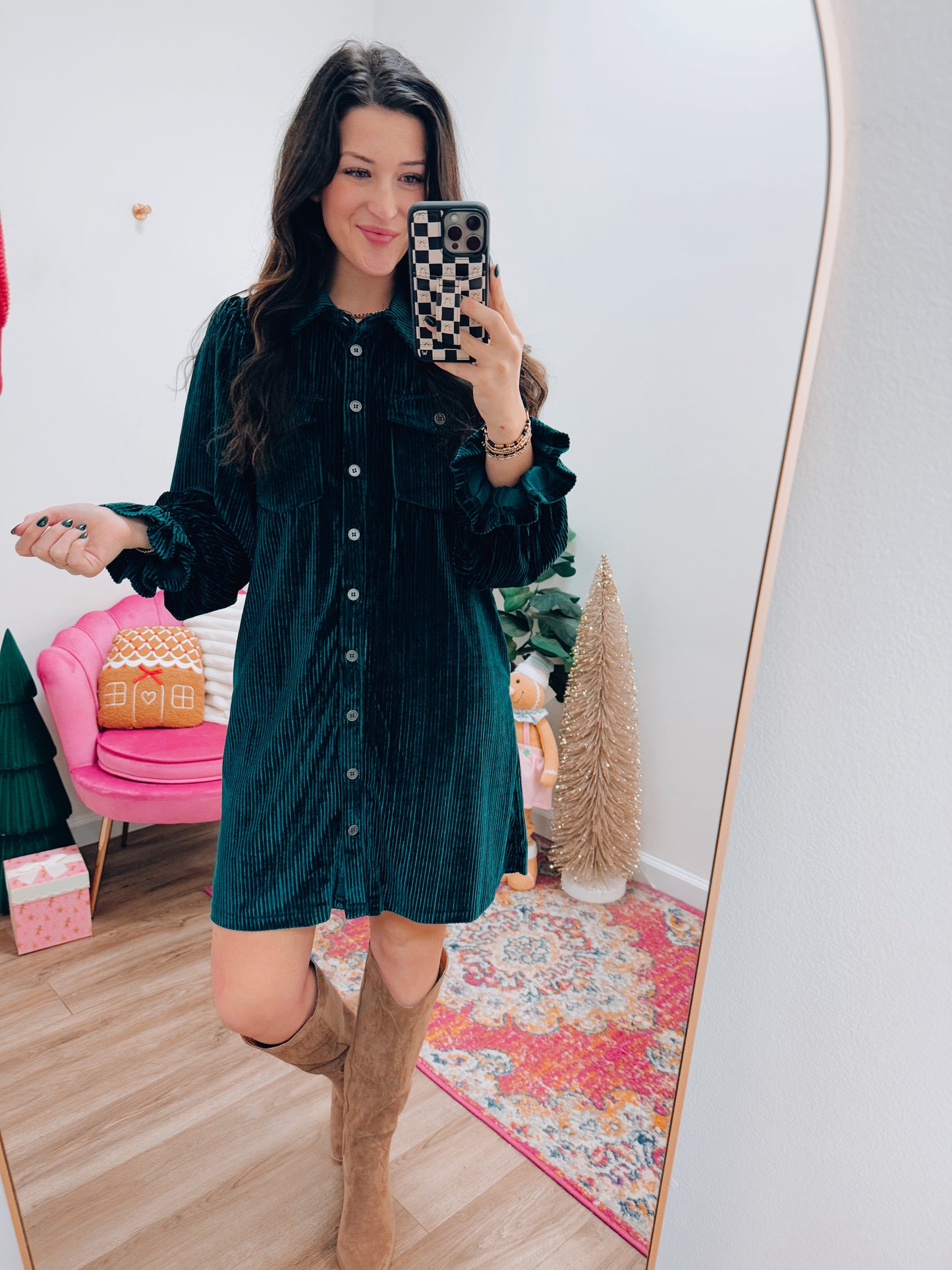 CURVY Velvet Glam Corded Button Mini Dress