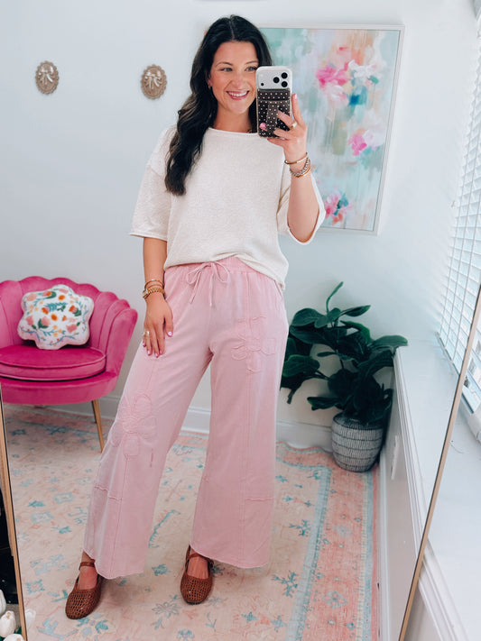 Floral Patch Pink Wide Leg Pants