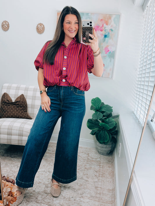 Margaret Plum Stripe Bubble Hem Top