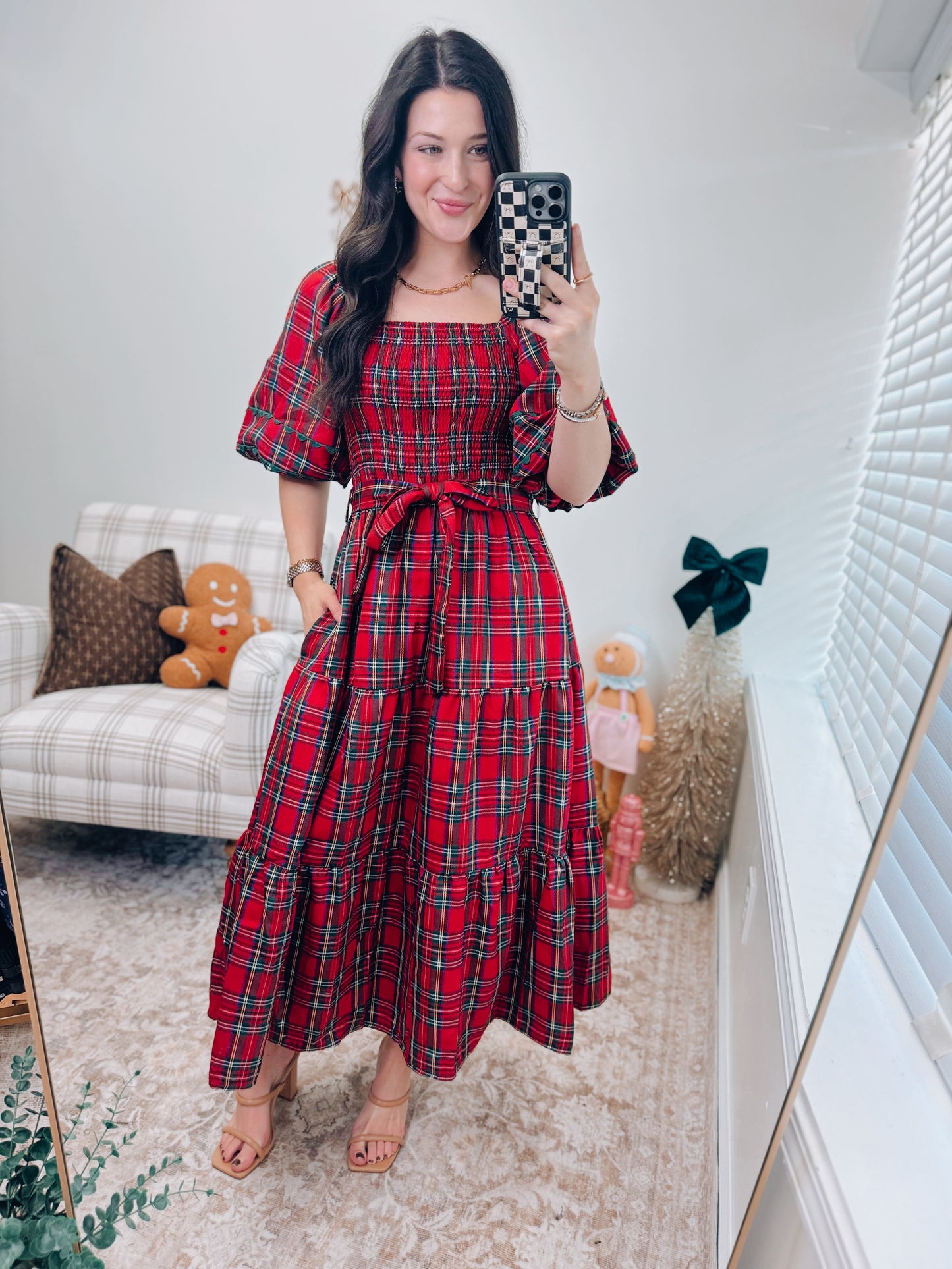 CURVY Smocked Plaid Tie Midi Dress - Red
