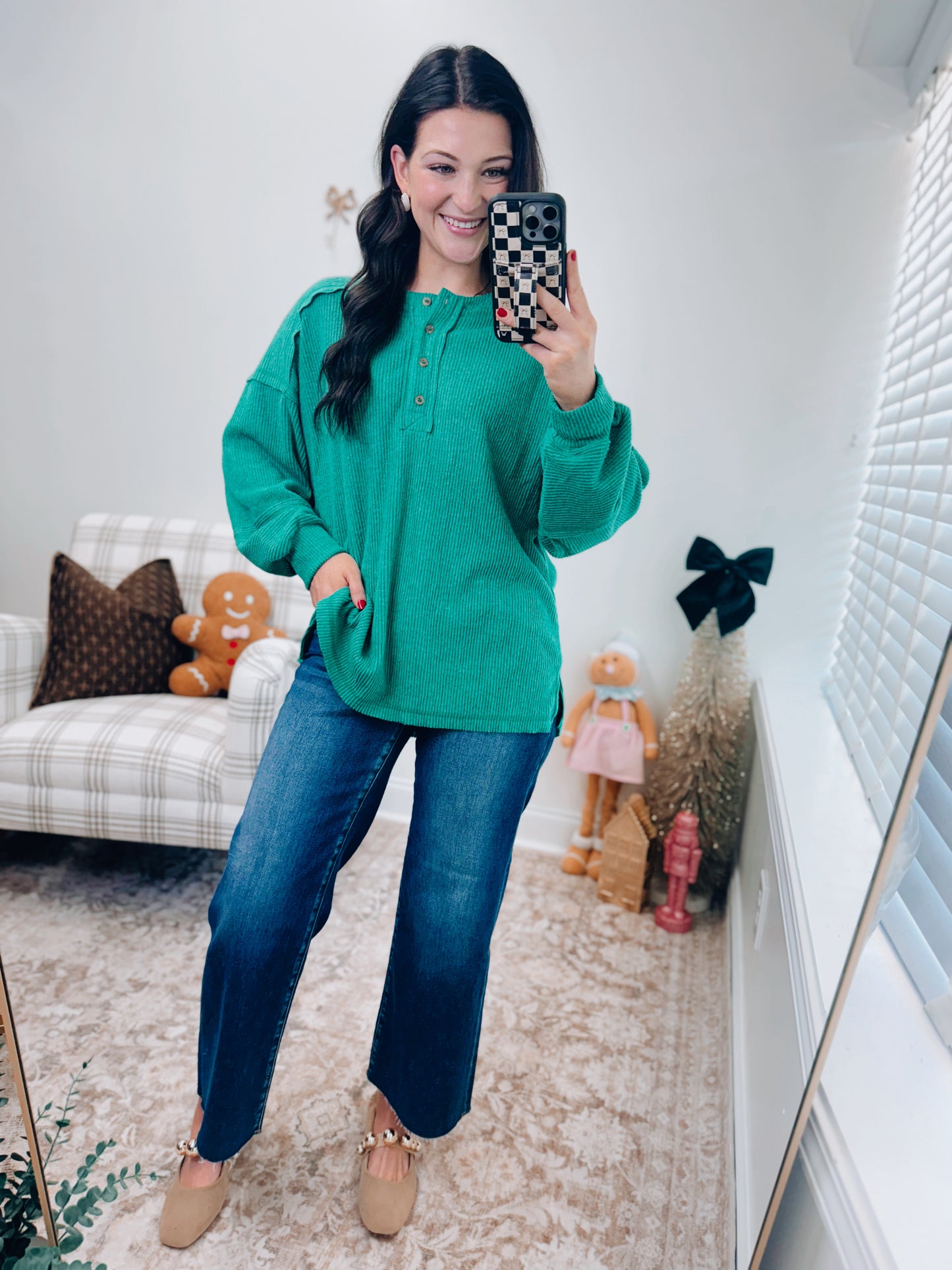 Button Brushed Ribbed Sweater - K Green