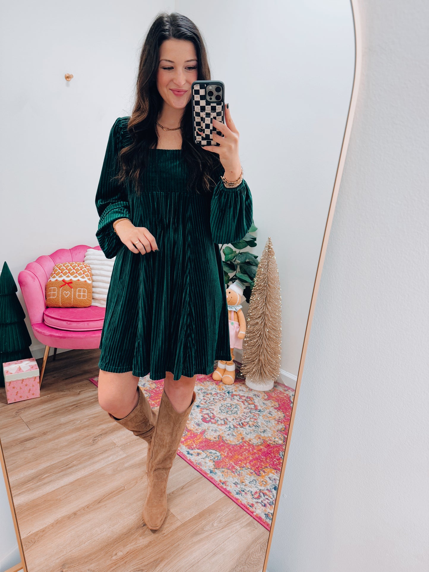 Velvet Ribbed Mini Dress - Green