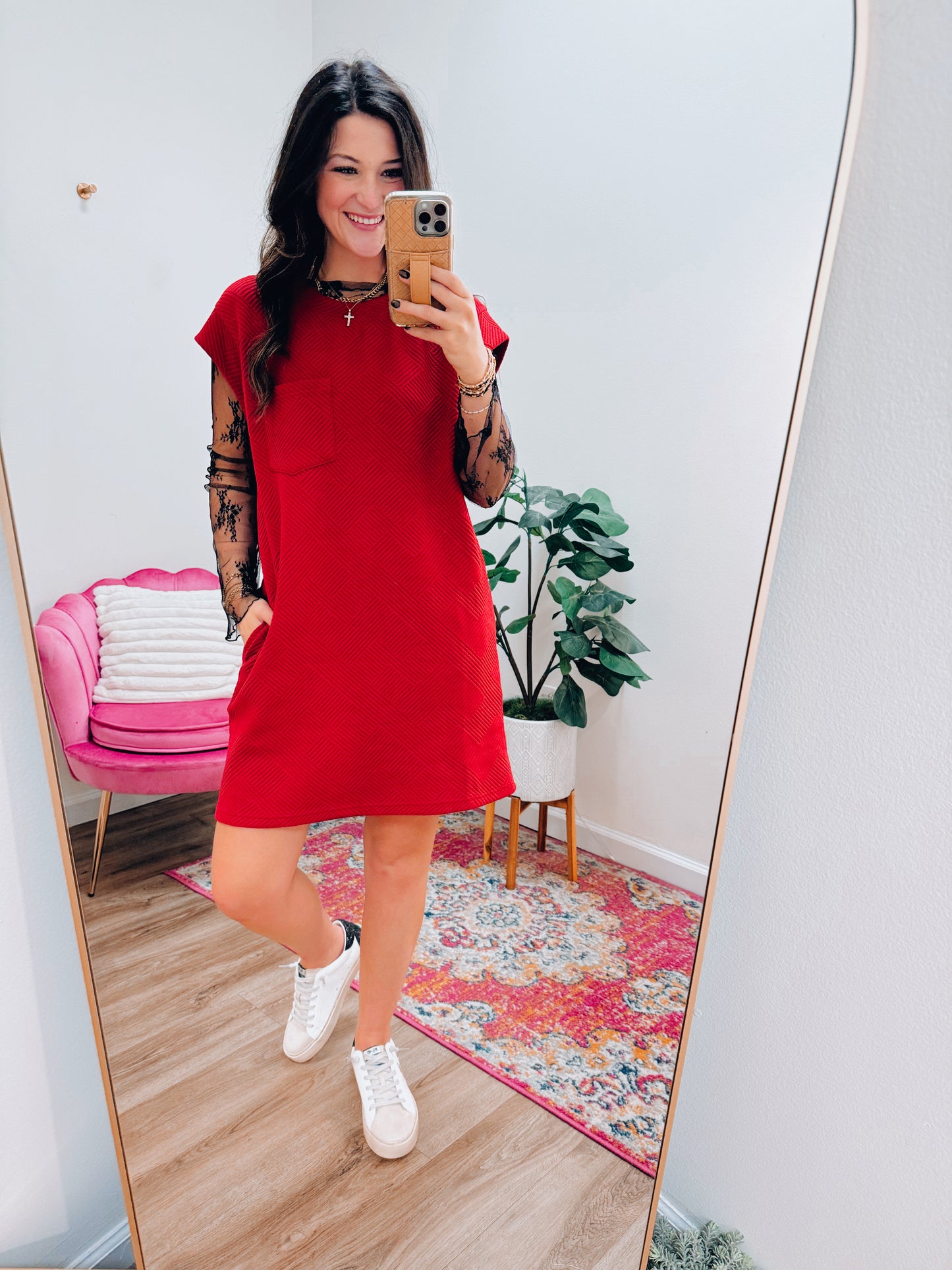 Sammi Textured Pocket Tee Dress - Red