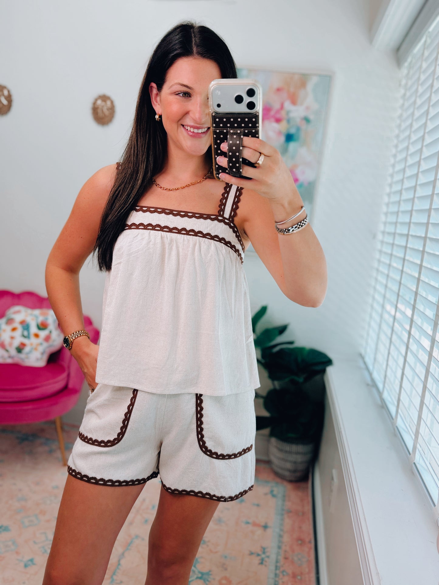 Contrast Stitched Scalloped Linen Set