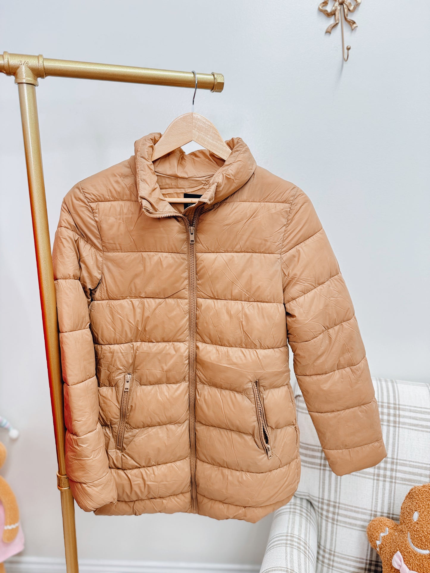 Long Quilted Puffer Jacket - Tan