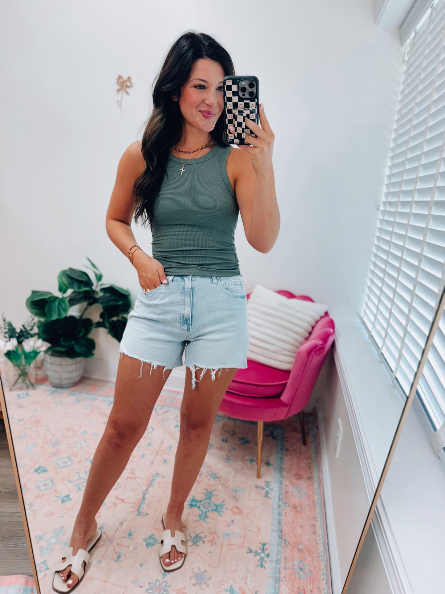 Bella Ribbed Basic Tank - Moss Green