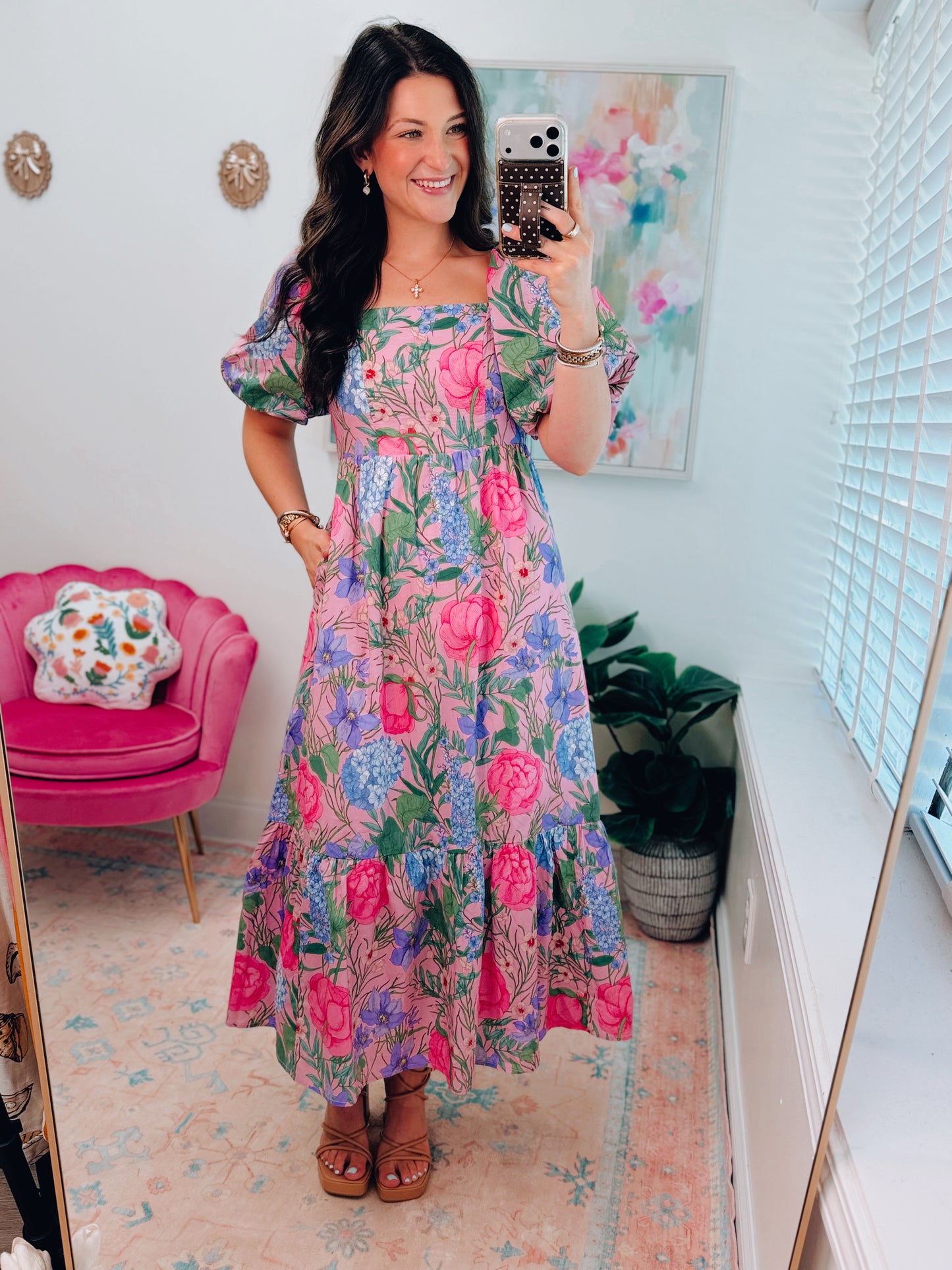 Pink Hydrangea Midi Dress