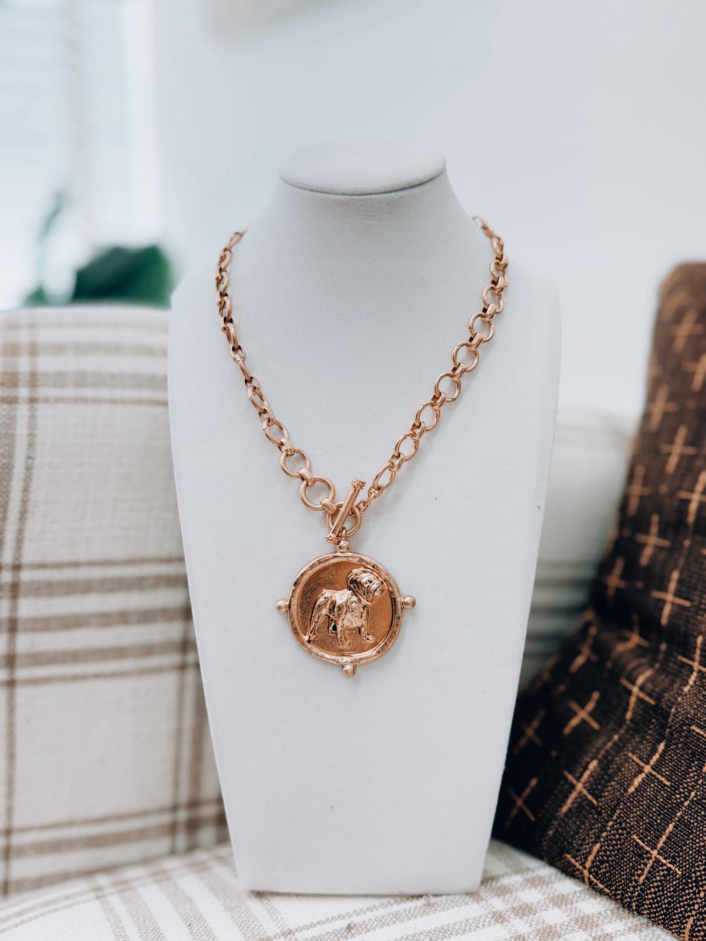 Chunky Beaded Bulldog Coin Necklace