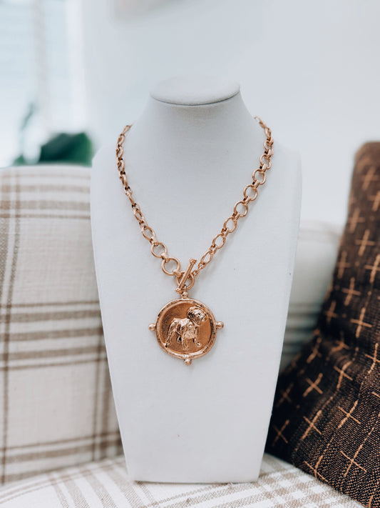 Chunky Beaded Bulldog Coin Necklace